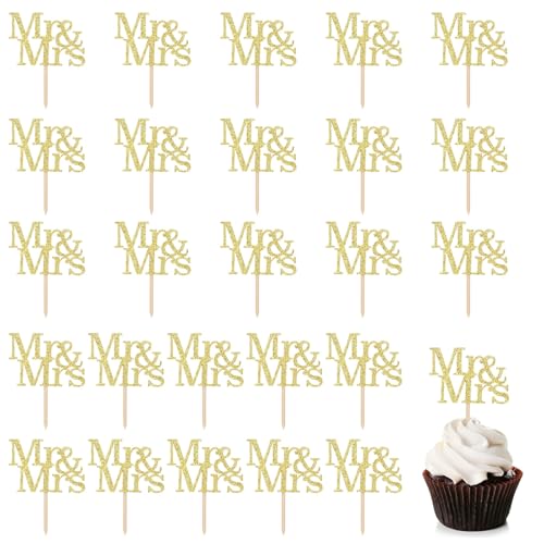 24 Stück Cupcake Toppers，Tortenstecker Hochzeit für Hochzeit Jubiläum Verlobung Antrag Picks Gold Glitter Hochzeit Brautdusche Kuchen Dekorationen Partyzubehör Mr & Mrs Deko Hochzeit von JeiibrZui