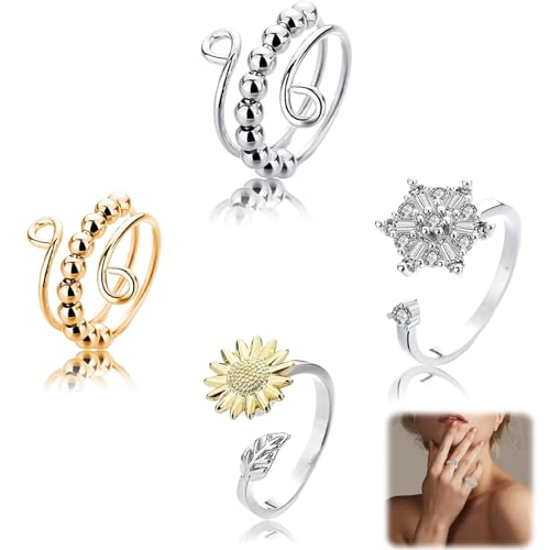 4 Stück Angst Spinning Ringe für Damen，Verstellbare Anti Stress Ring,Offener Ringe Fidget Spinner Ringe,Achtsamkeitsring Angst Ring Verstellbare Stapelbare für Mädchen und Frauen Stress Abbauen von JeiibrZui