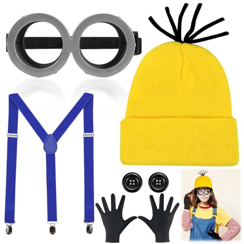 Jeinbuil 5 STK Gelbes Kostüm set für cosplay, Halloween Kostüme für Erwachsene Kinder, 1 Brille Gelbe 1 Mütze 1 Schwarze Handschuhe Set, Kostüm Zubehör für Halloween Karneval Film Kostüm von Jeinbuil