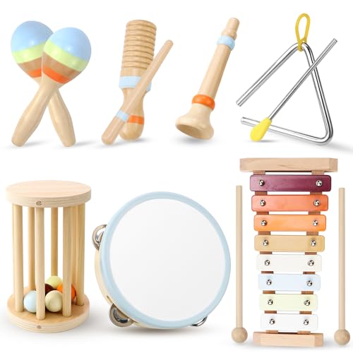 Jeinbuil Musikinstrumente 7er Set für Kinder, Holzspielzeug Kinderspielzeug ab 3 Jahre Xylophon Trommel für Kinder Baby Musikspielzeug Montessori Spielzeug von Jeinbuil