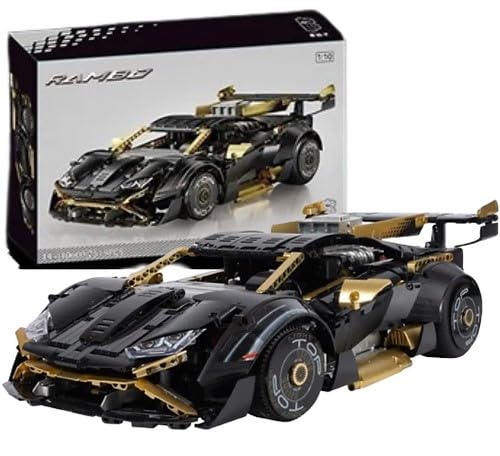 Jeising Black Gold Rambo Sports Car K10600, 2.519 Teile, Modell-Bauset, Technik, Maßstab 1:10, Klemmsteine, Sportwagen, DIY Rennwagen, Klemmbausteine Auto schwarz Bausatz, Supersportwagen von Jeising