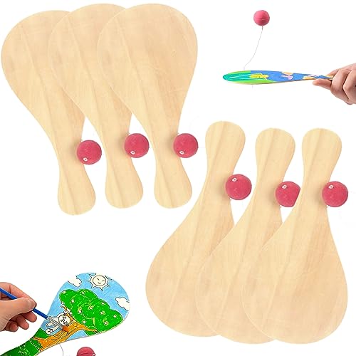 Fledermaus- und Ball -Set 6PCS leeres Paddelschläger und Ball auf elastischen DIY bemalten hölzerne Schläger Ball -Spiel -Requisiten für Kinder Partybeutel Spielzeug, Fledermaus und Ball auf Gummiban von Jeorywoet