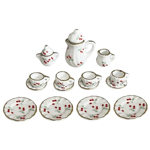 Jeorywoet 15pcs Miniaturpuppenhauszubehör, Mini -Tee -Set 1/12, EIN Mini -Kirschen -Muster von Keramik -Teekannen Tasse mit goldenem Trimm -Esszimmer Dollhouse Kitchen -Accessoires, Mini -Tee -Set von Jeorywoet