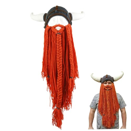 Jeorywoet Barthut, Bartkopf bequem und warme Beanie mit Bart abnehmbares Stricken lustiger Strickhut Party Requisiten Buffalo Hut mit Hörnern für Halloween -Cosply, lustiger Strickhut, Orange von Jeorywoet