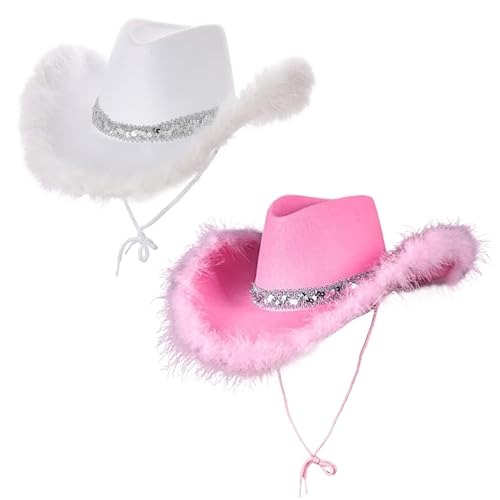 Jeorywoet Cowgirl -Hut mit pelziger Kante 2pcs Weitkrempe Cow Girl Hut Single Farb Cowgirl Hüte mit Pailletten und Kinngurt Cowboy Hut für Partykostüm -Cosplay, weißer Cowgirl Hut von Jeorywoet