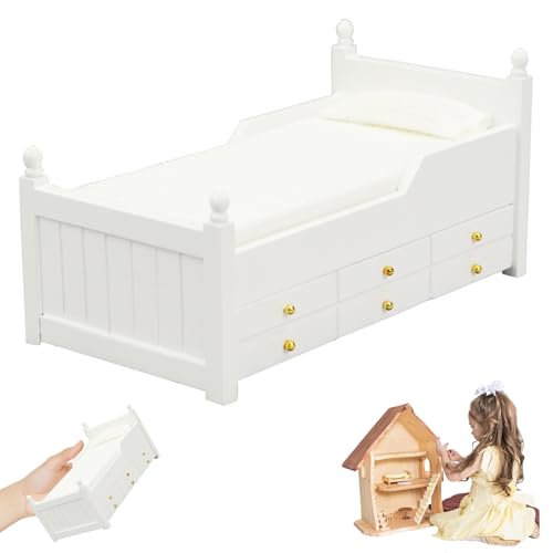 Jeorywoet Dollhouse Bett mit Schublade lustig realistisch 1 12 Skala Dollhouse Möbel 6,8x3,5 x 3,4 Zoll kreatives DIY Doll Bett Holz Dollhouse Möbel Kinder Geschenk, Puppenhausbett von Jeorywoet