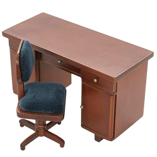 Jeorywoet Dollhouse Tisch und Stuhl 1/12 Skala Holzpuppenhausmöbel Set mit Miniatur -Schreibtisch & Stuhl Retro Miniatur Office Desk Chair für Dollhouse Study Szenendekoration von Jeorywoet