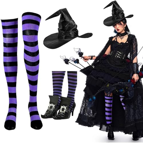 Jeorywoet Halloween Witch Kostüm-Set enthält Schwarze Hexenschuhe, Hexenhut und gestreifte Knie-Hochstücken, gruseliges Kostümzubehör für Halloween, Dress-up & Trep Play, Damen Halloween Kostüm von Jeorywoet