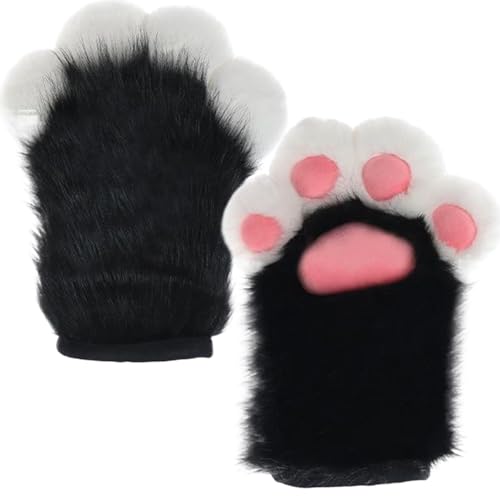 Jeorywoet Halloween pelzige Pfoten 1 Paar Fauxpelzen Plüschkatze Pfoten Handschuhe Fingerlose Therianpfoten niedliche Pursuitpfoten für Halloween -Cosplay -Kostümzubehör, Schwarz -Weiß, Fursuitpfoten von Jeorywoet