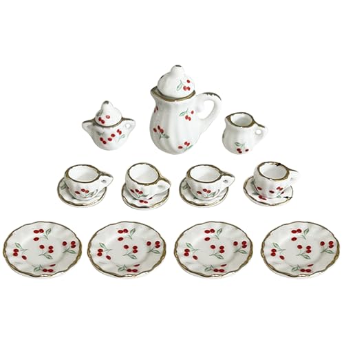 Jeorywoet Miniaturpuppenhauszubehör, 15pcs Miniaturpuppenhauszubehör, Mini -Tee -Set 1/12 Skala, Keramik -Teekapel -Tasse Mini -Kirschen -Muster mit goldenem Trimm -Esszimmer -Puppenhauszubehör von Jeorywoet