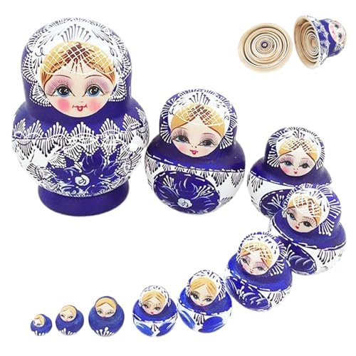 Jeorywoet Nistpuppen 1 Set (10pcs) Mädchen Muster Matryoshka Puppe Holzblau Matrioshka Russische Nistpuppen Stapelspielzeug für Kinder, Heimdekoration, Geschenke für Kinder, Nistpuppen von Jeorywoet