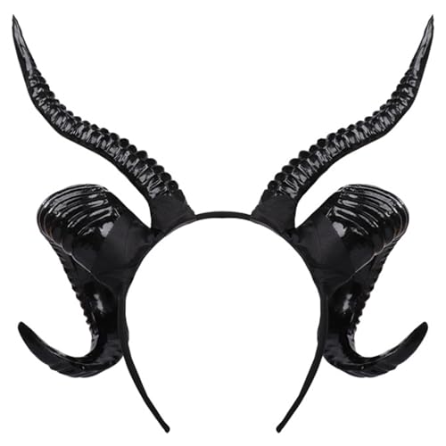 Jeorywoet Schaf Horn Stirnband Strukturierte Gothic Hörner Stirnband Schwarze glänzende Hörner 11.4x11.8in PP Cosplay Hörner für Teufel, Dämon, Halloween -Party, Dämonhörner von Jeorywoet