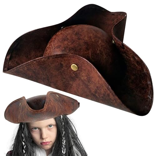 Jeorywoet Tricorn -Hut, Kunstleder Halloween Piratenhut, Unisex Piratenhut mit sicherem Knopf, bequem Colonial Hut für Erwachsene, Kinder Revolutionär Krieg Kostüm (braun) von Jeorywoet