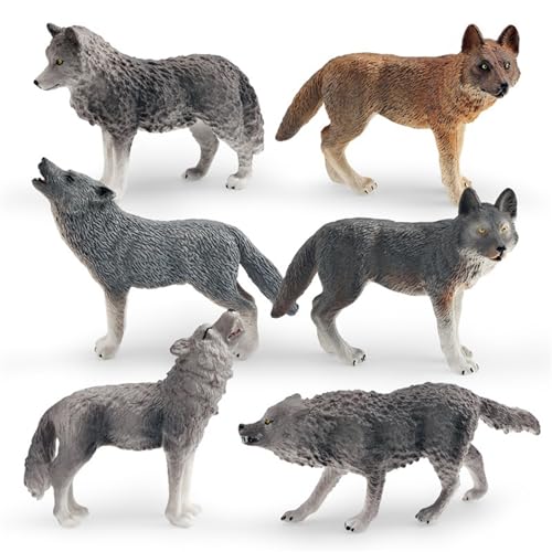 Jeorywoet Wolf Spielzeug, 6pcs Wolf Figur, realistische Tierfiguren Wolf Spielzeug, 6 Verschiedene Tierfiguren Bildungslernspielzeug für Kinder Jungen Mädchen, Wolf Spielzeug von Jeorywoet