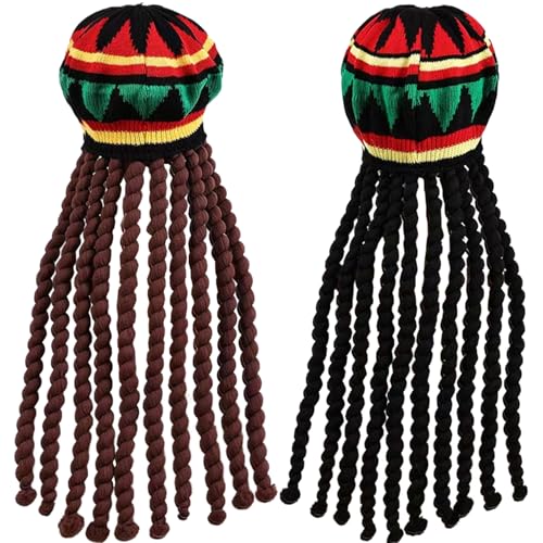 Rasta -Hut, 2 PCs Jamaikaner Hut Traditionell gestrickter weicher Rasta -Hut mit 18 in langen schwarzen und braunen Dreadlocks Buntes komfortable elastische, lustige Dreadlock -Perücke für Party, Ras von Jeorywoet