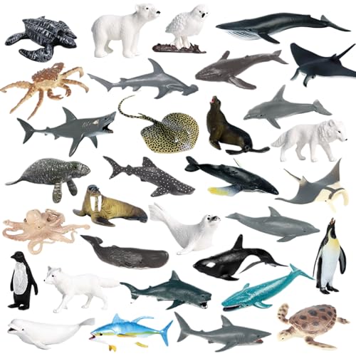 Sea Animal Toys, 32pcs Mini Plastik Meereskreaturen Spielzeug für Kinder, unter dem Meeresleben realistische Ozeantiere Spielzeug für Kinderwissenschaftsprojekt, Bildungsspielzeug, Geburtstagsgeschen von Jeorywoet