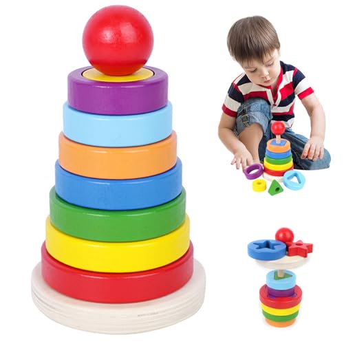 Spinning Stacker Toy 4 x 6 Zoll Holz Regenbogen Stacker Geometrische runde Baby -Stapelringe Lernen Spinnspielzeug sicheres Puzzle -Versammlung Spielzeug für Mädchen und Jungen, Spinning Stapler Toy von Jeorywoet