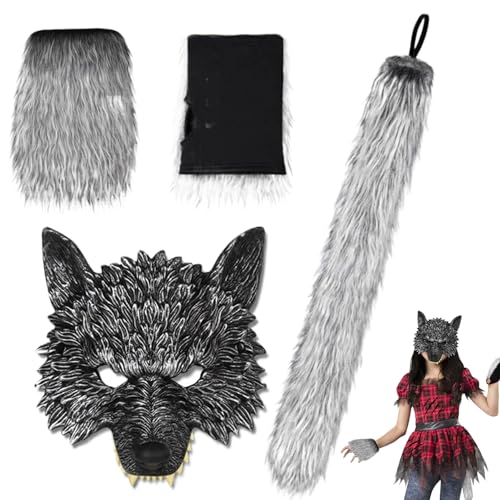 Wolf Ohren und Schwanz- und Fuchspfoten realistische pelzige Halloween Therian Fuchs Ohren und Schwanz -Set dekorative Tierkatze Kostüm für Erwachsene für Cosplay -Party Maskerade Costme, Wolf Maske von Jeorywoet