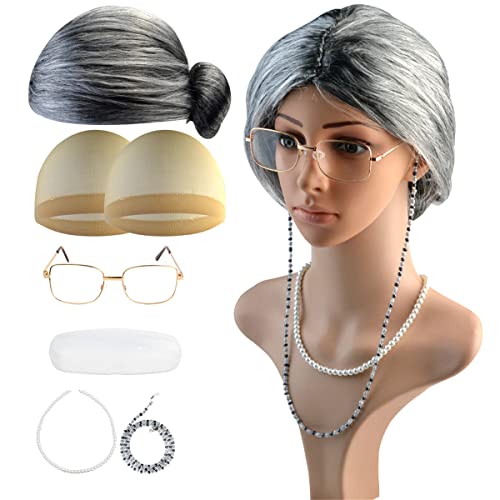 6 Stück Oma Großmutter Perücke Kostüm Set Perücke Kappe Brille Brillen Ketten Perlenkette Zubehör für Cosplay Karneval Halloween Damen Fasching + Brillenetui von Jerbro