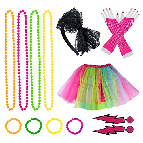 jerbro 80er-Jahre-Kostüme für Damen und Mädchen, 80er-Jahre-Damenkleider Neon mit Tutu-Röcken, Ohrringen, Stirnband, Netzhandschuhen, Halskette, Perlen, Partyzubehör, Kostüm-Set von Jerbro