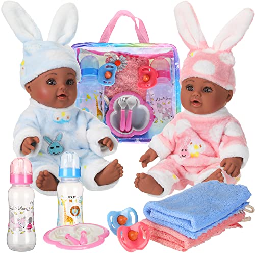 10-teiliges realistisches Zwillings-Babypuppen-Weihnachtsspielzeug-Set beinhaltet 2 x 30,5 cm Babypuppen, Fütterungsset, Schnuller, Puppenwindeln, Taschen, Milchflaschen, abnehmbares Outfit für von Jerify