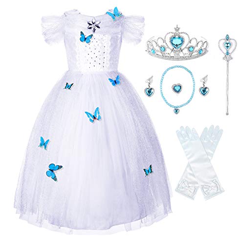 JerrisApparel Aschenputtel Kleid Prinzessin Kostüm Schmetterling Mädchen (100, Weiß mit Zubehör) von JerrisApparel