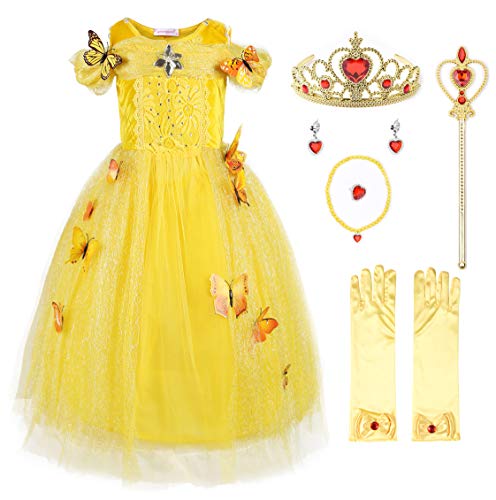 JerrisApparel Aschenputtel Kleid Prinzessin Kostüm Schmetterling Mädchen (110, Gelb mit Zubehör) von JerrisApparel