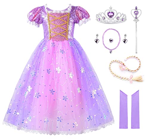 JerrisApparel Blume Prinzessin Festlich Kleid Mädchen Pailletten Party Kostüm (4 Jahre, Violett mit Zubehör) von JerrisApparel