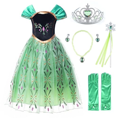 JerrisApparel Grün Prinzessin Anna Kostüm Mädchen Halloween Karneval Verkleidung (100, Grün mit Zubehör) von JerrisApparel