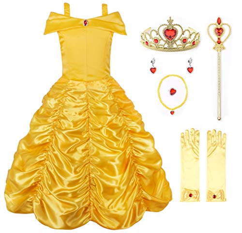 JerrisApparel Mädchen Belle Kostüm Prinzessin Kleid Drop Shoulder Cosplay Kostüm (2-3 Jahren, Gelb mit Zubehör) von JerrisApparel