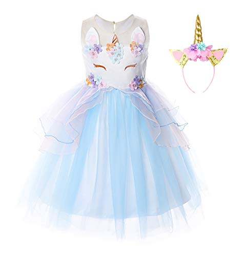 JerrisApparel Mädchen Einhorn Blume Kostüm Hochzeit Party Prinzessin Kleid (100, Blau) von JerrisApparel