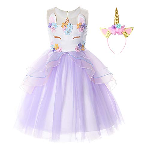 JerrisApparel Mädchen Einhorn Blume Kostüm Hochzeit Party Prinzessin Kleid (100, Lila) von JerrisApparel