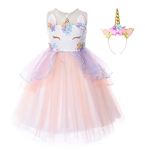 JerrisApparel Mädchen Einhorn Blume Kostüm Hochzeit Party Prinzessin Kleid (130, Orange) von JerrisApparel