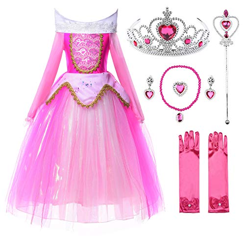 JerrisApparel Mädchen Prinzessin Aurora Kostüm Dornröschen Kleid (Rose mit Zubehör, 4 Jahre) von JerrisApparel