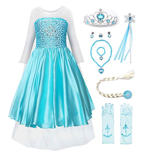 JerrisApparel Mädchen Prinzessin ELSA Kostüm Karneval Party Verkleidung Kleid (100, Himmelblau mit Zubehör) von JerrisApparel