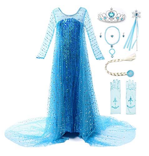 JerrisApparel Mädchen Prinzessin Pailletten ELSA Kostüm Kleid Festzüge Party Ankleiden (100, Blau mit Zubehör) von JerrisApparel