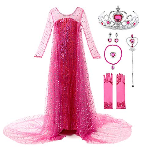 JerrisApparel Mädchen Prinzessin Pailletten ELSA Kostüm Kleid Festzüge Party Ankleiden (100, Rosa mit Zubehör) von JerrisApparel