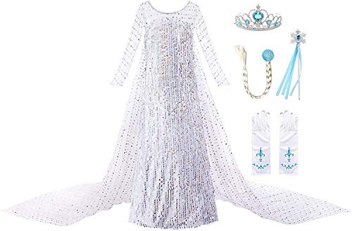 JerrisApparel Mädchen Prinzessin Pailletten ELSA Kostüm Kleid Festzüge Party Ankleiden (100, Weiß mit Zubehör) von JerrisApparel