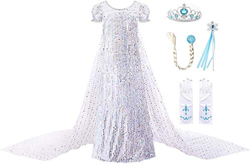 JerrisApparel Mädchen Prinzessin Pailletten ELSA Kostüm Kleid Festzüge Party Ankleiden (120, Weiß 2 mit Zubehör) von JerrisApparel