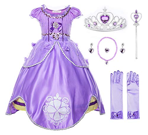 JerrisApparel Mädchen Prinzessin Sofia Kostüm Kleid Geburtstag Party Ankleiden (150, Violett mit Zubehör) von JerrisApparel