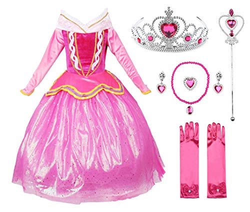 JerrisApparel Rosa Prinzessin Aurora Kleid Kostüm Mädchen Party Kleid (110cm, Rosa mit Zubehör) von JerrisApparel