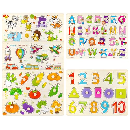 Holzpuzzle Holzspielzeug mit Knopf, Montessori Holz Steckpuzzle für Kinder 1 2 3 Jahr Alphabet Nummer Tier Gemüse Fahrzeuge Lehrspielzeuge Geschenk Jungen Mädchen (5 Stück) von Jesustree