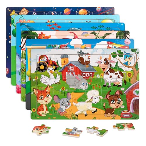 Holzpuzzle Kinder, 6 Stück 30-Teilige Puzzle Tiermuster Pädagogisches Holzspielzeug Montessori Lernspielzeug Steckpuzzle Geschenk für Jungen und Mädchen ab 3 4 5 6 Jahren von Jesustree