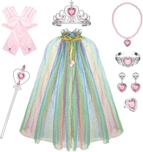 Umhang für Kinder Prinzessin Kostüm mit Krone, Zauberstab, Handschuhe, Halskette, Ring, Ohrringe, Armband Glitzer Pailletten Cape für Mädchen Halloween Geburtstag Karneval Cosplay Party(Mehrfarbig) Umhang für Kinder Prinzessin Kostüm mit Krone, Zauberstab, Handschuhe, Halskette, Ring, Ohrringe, Armband Glitzer Pailletten Cape für Mädchen Halloween Geburtstag Karneval Cosplay Party(Mehrfarbig) von Jesustree