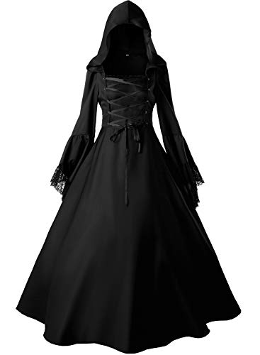 Damen Gothic Hexe Vampir Kleid Renaissance Mittelalter Cosplay Kapuzen Kostüm Halloween XXL Schwarz von Jeufoin