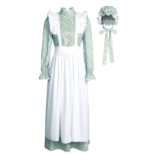 Jeufoin Pioneer Damen Kleid Floral Prairie Colonial Historische Kleidung Laura Ingalls Kostüm mit Schürze Bonnet M Floral von Jeufoin