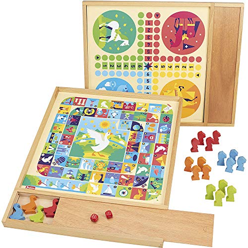 JeuJura 8117 Gänsespiel, und kleines Pferd – Tablett mit Federschale Holz von Jeujura