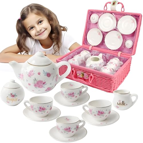 Jewelkeeper - Tee Set Porzellan für Kinder mit rosa Picknick-Korb, 13-teiliges Teeservice Porzellan Kinder - Florales Design, Teeparty Set Kinder Porzellan für Spielküche für kleine Mädchen von Jewelkeeper