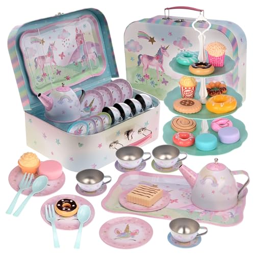 Jewelkeeper Regenbogen Einhorn Design Teeservice Set - 42-teiliges Zinn Tee Set für Kinder mit Lebensmitteln & Tragekoffer, Englisches Spielgeschirr für die Kinderküche von Jewelkeeper