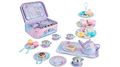 Jewelkeeper Tee- und Kaffeeservice Set für Kinder, 42-TLG. Zinn, Zuckerwatte Einhorn Design, Spielzeug für Kinderküche, inkl. Tragekoffer von Jewelkeeper